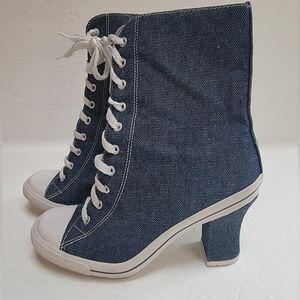 Cathy Jean Vintage Y2K Denim Lace-Up Heeled Boots Made In Brazil  Size 7